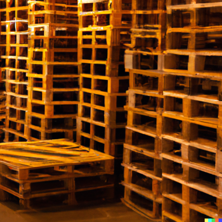 DALL·E 2023-04-27 20.51.10 - The image shows a large stack of wooden pallets, arranged in a neat and orderly fashion. The pallets are situated in a warehouse or storage area, with